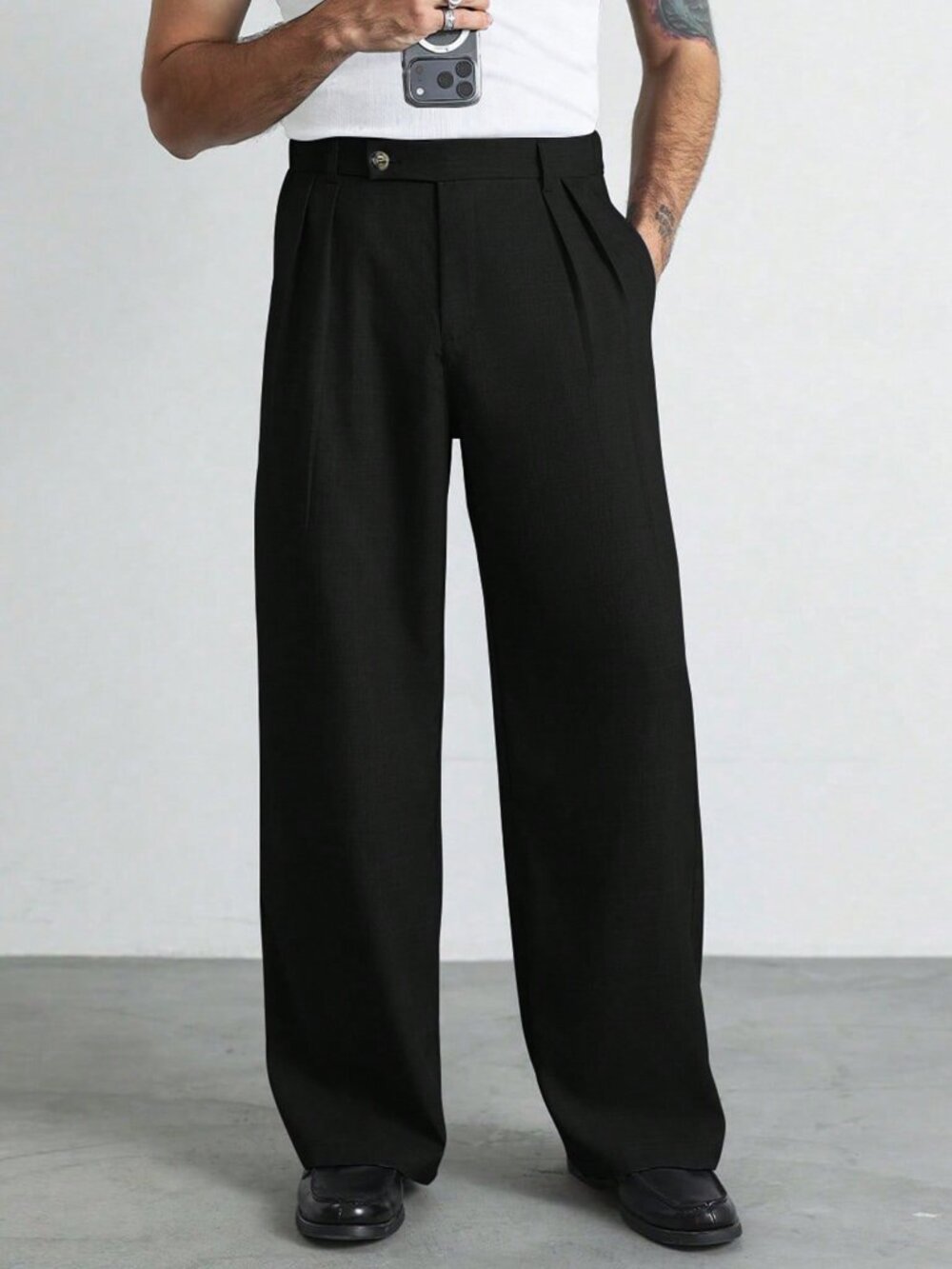 Black Minimalist Men's Floral Printed Wide Leg Relaxed Fit Straight Pants